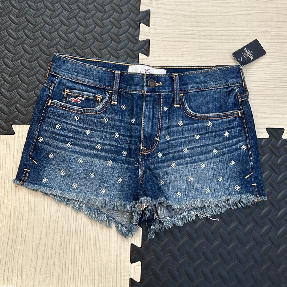 Hollister Women Jean Shorts, NEW High Rise Cut Off Rhinestone Denim, Size 1 NWT